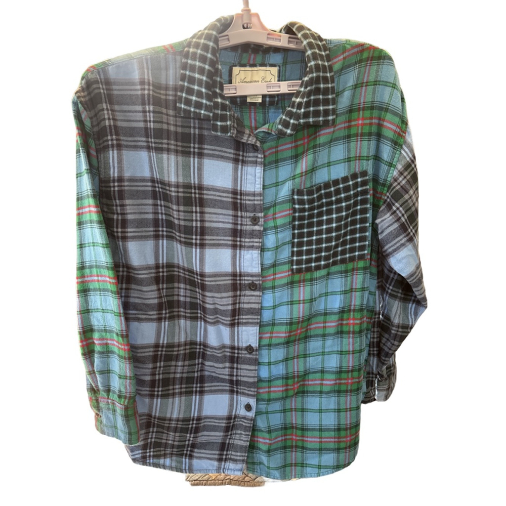Women's American Eagle Plaid Button Down Shirt M Blue Green